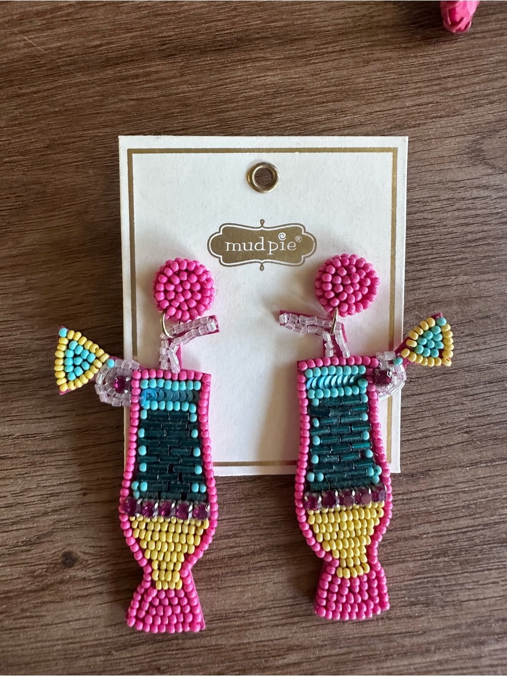 Mud Pie Pink Beaded Fish Dangle Earrings with Aqua & Yellow Accents